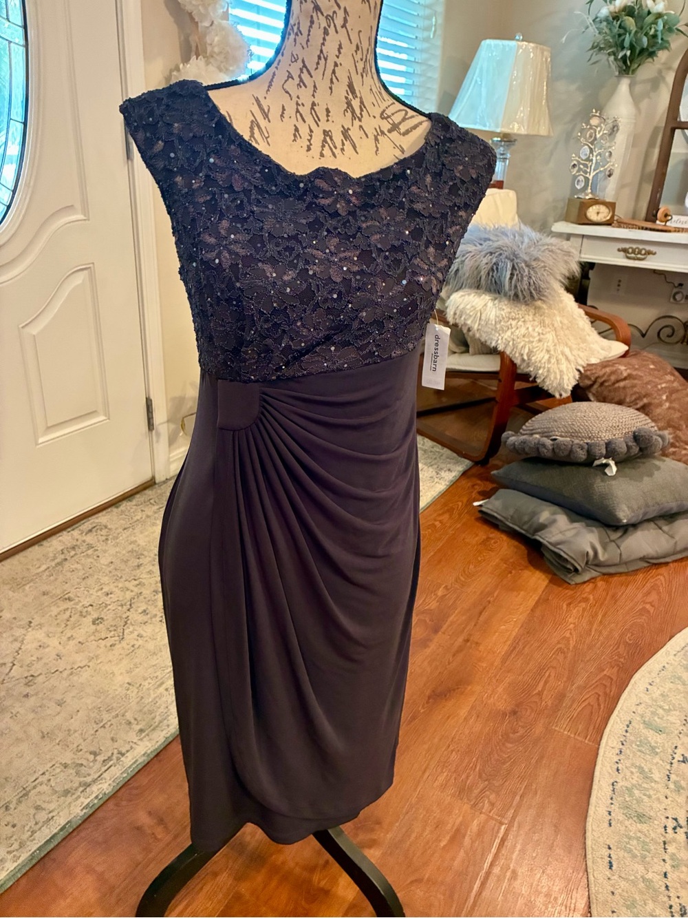 Elegant Gray Navy Lace Bodice Draped Cocktail Dress NWT from Dressbarn